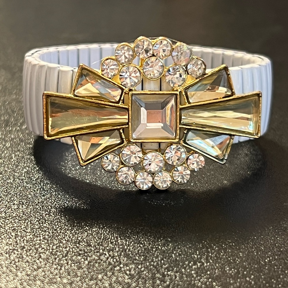 BCBG Le Piaget White Expandable Metal Link Rhinestone Wings Bracelet